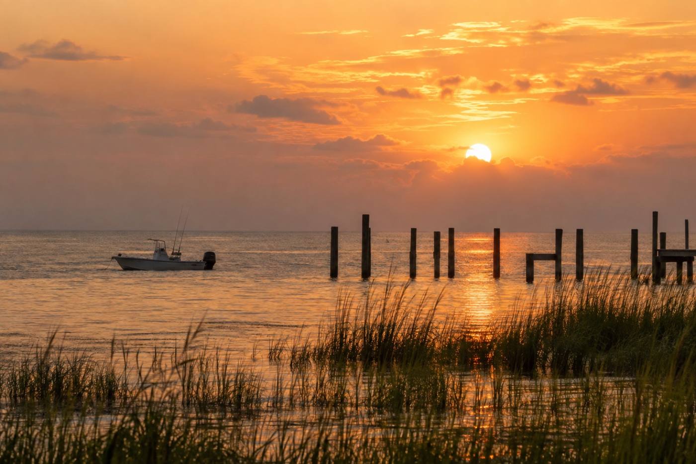 Boats moored on Mobile Bay at golden hour, seen from the Eastern Shore