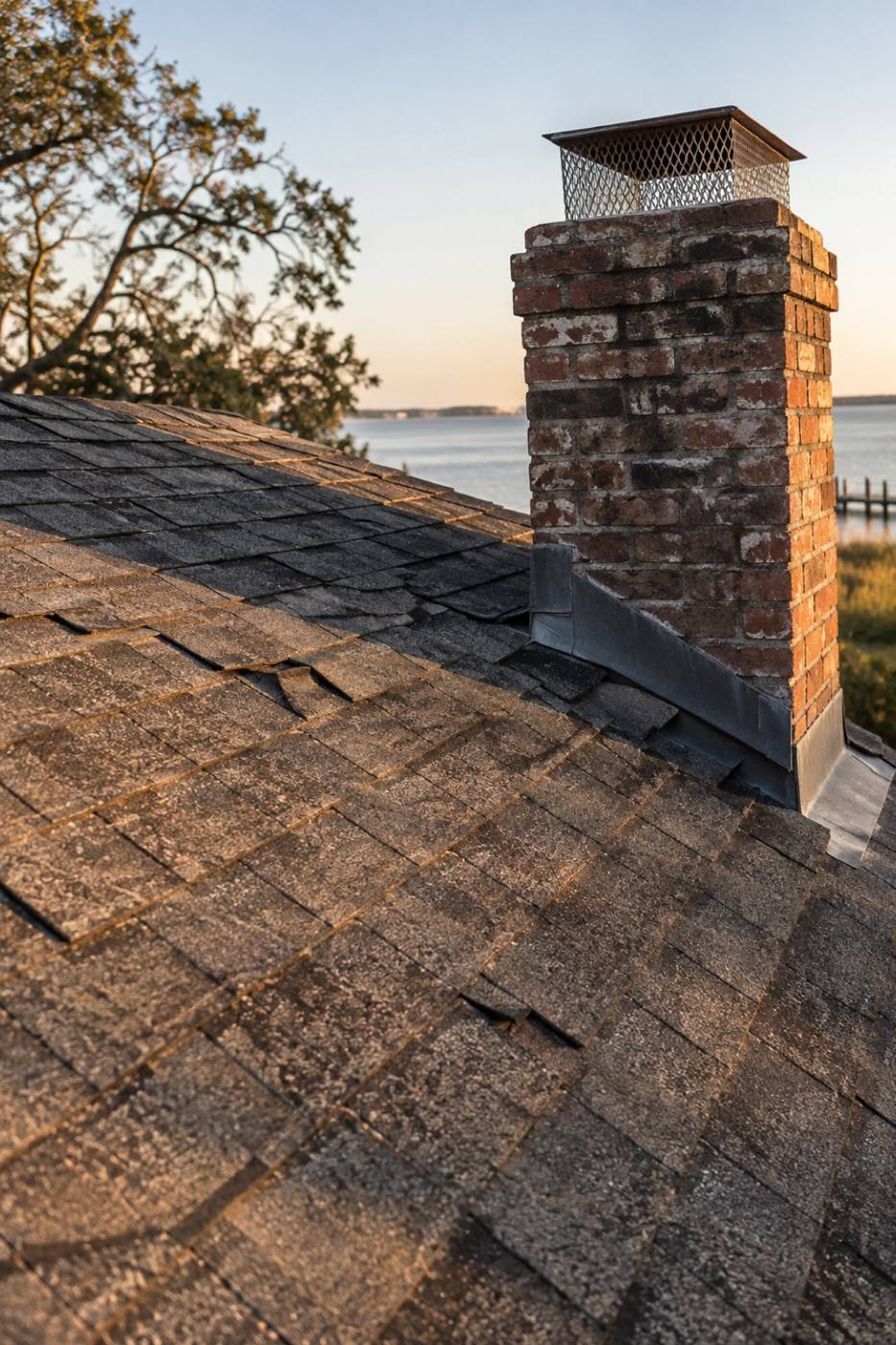 A coastal cottage roof and chimney under a bright Gulf sky
