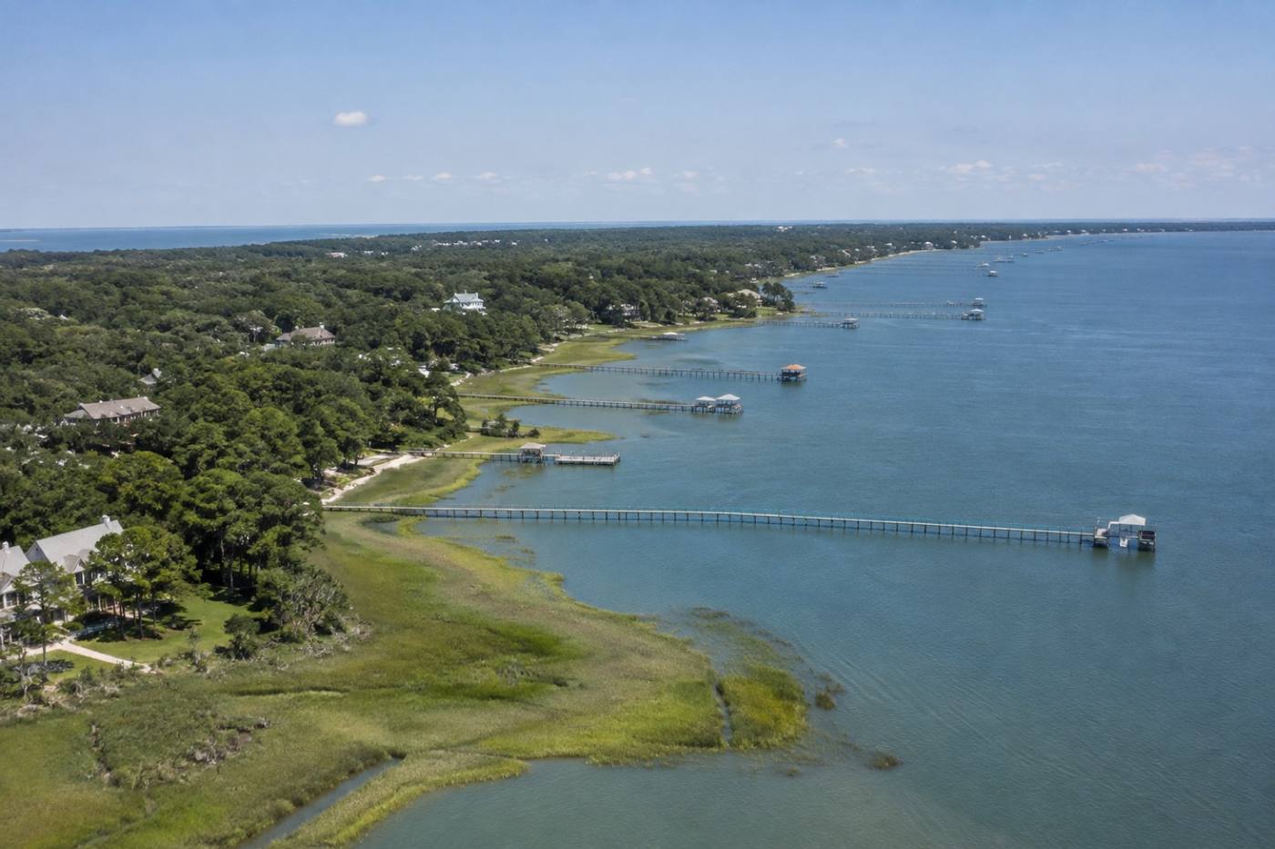 Aerial view of Mobile Bay shoreline with marsh grass and neighbourhoods