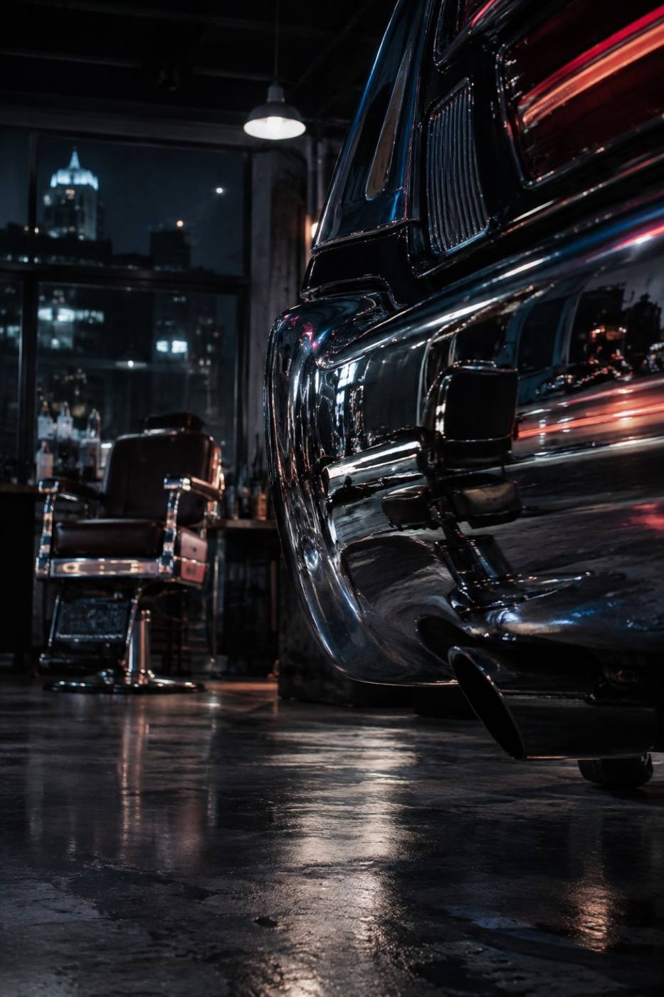 Barber chair reflected in the chrome bumper of a classic car on Woodward Avenue at night