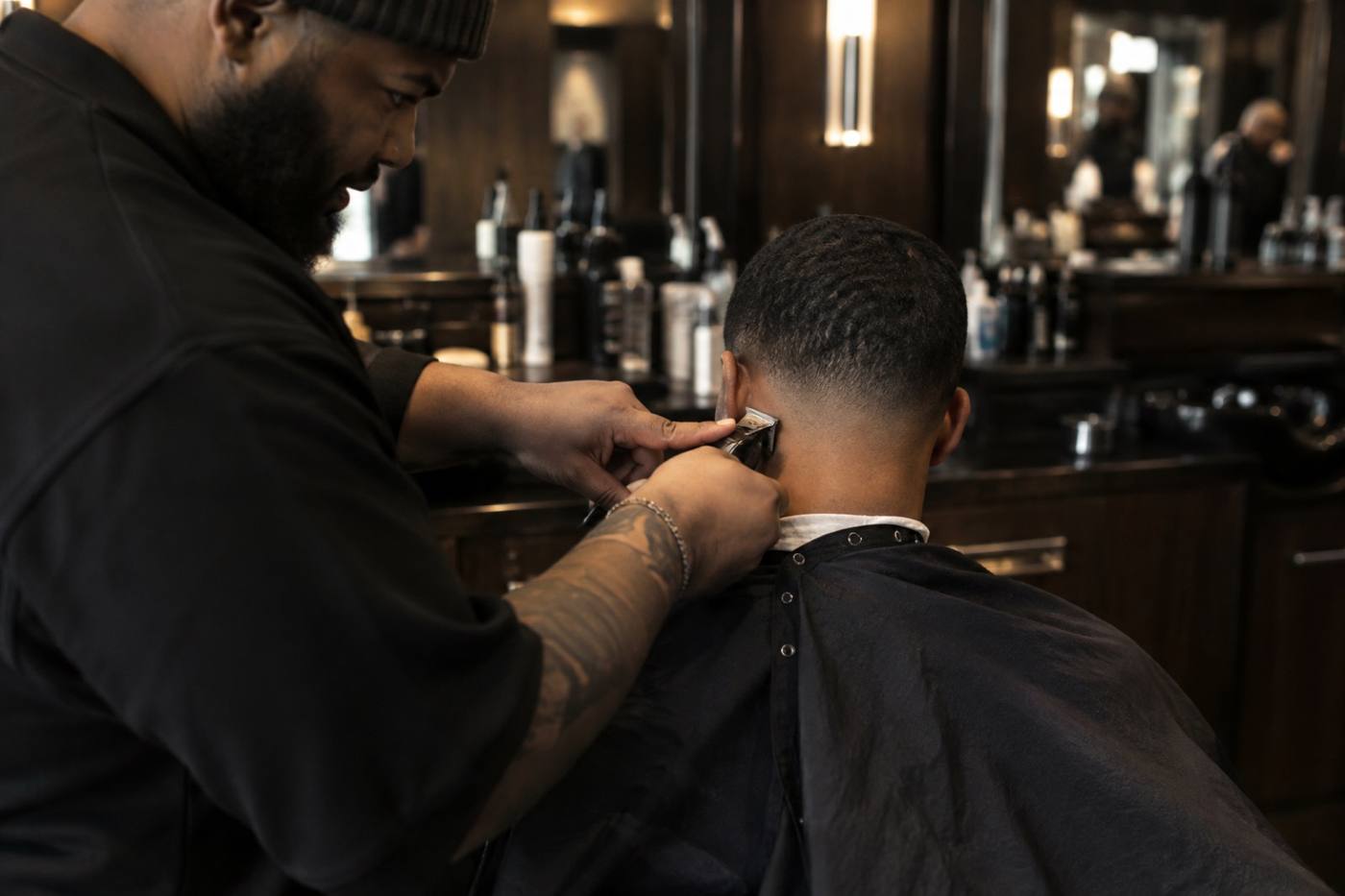 Barber working clippers up the back of a client's head during a fade