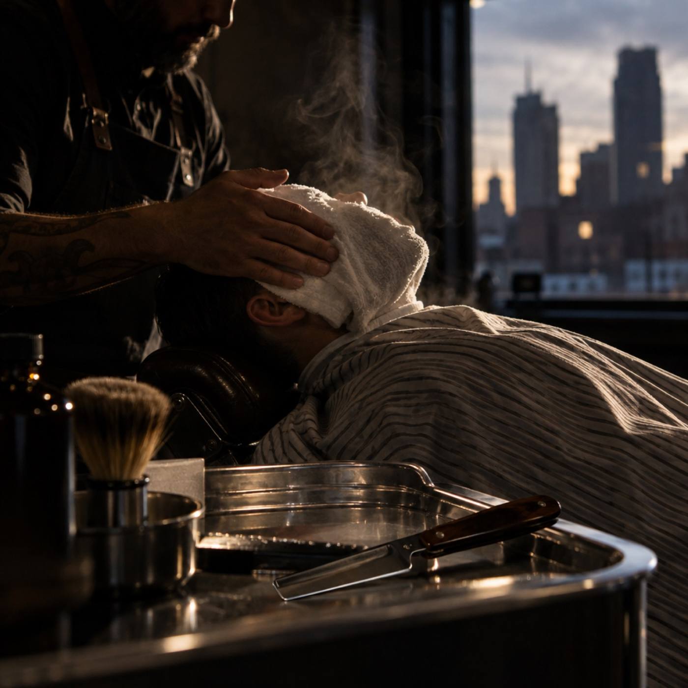 A hot towel being pressed onto a reclined client's face with a straight razor on a chrome tray