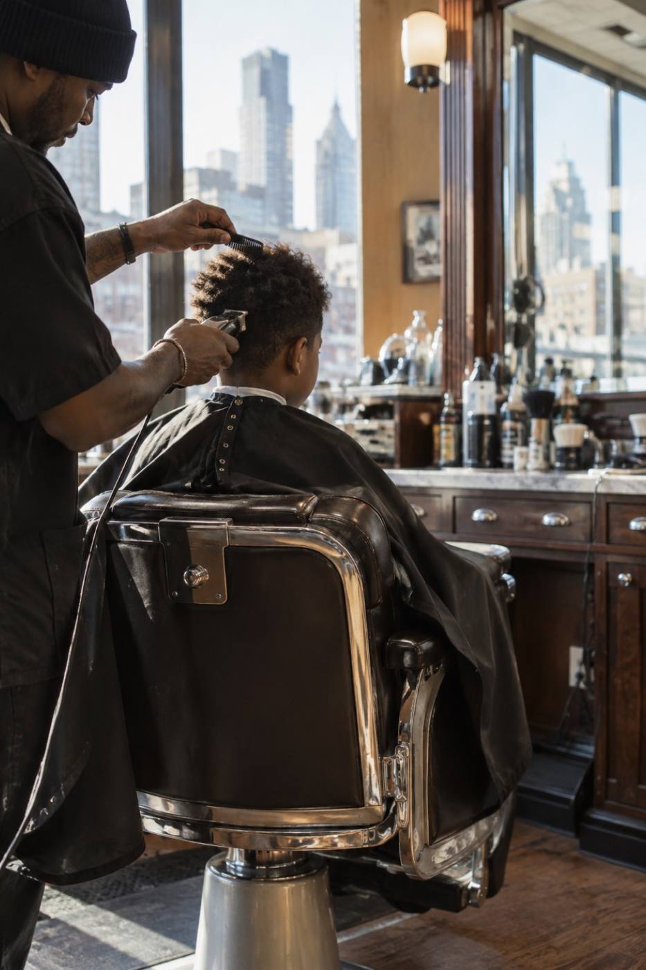 A kid getting a haircut in the barber chair, seen from behind