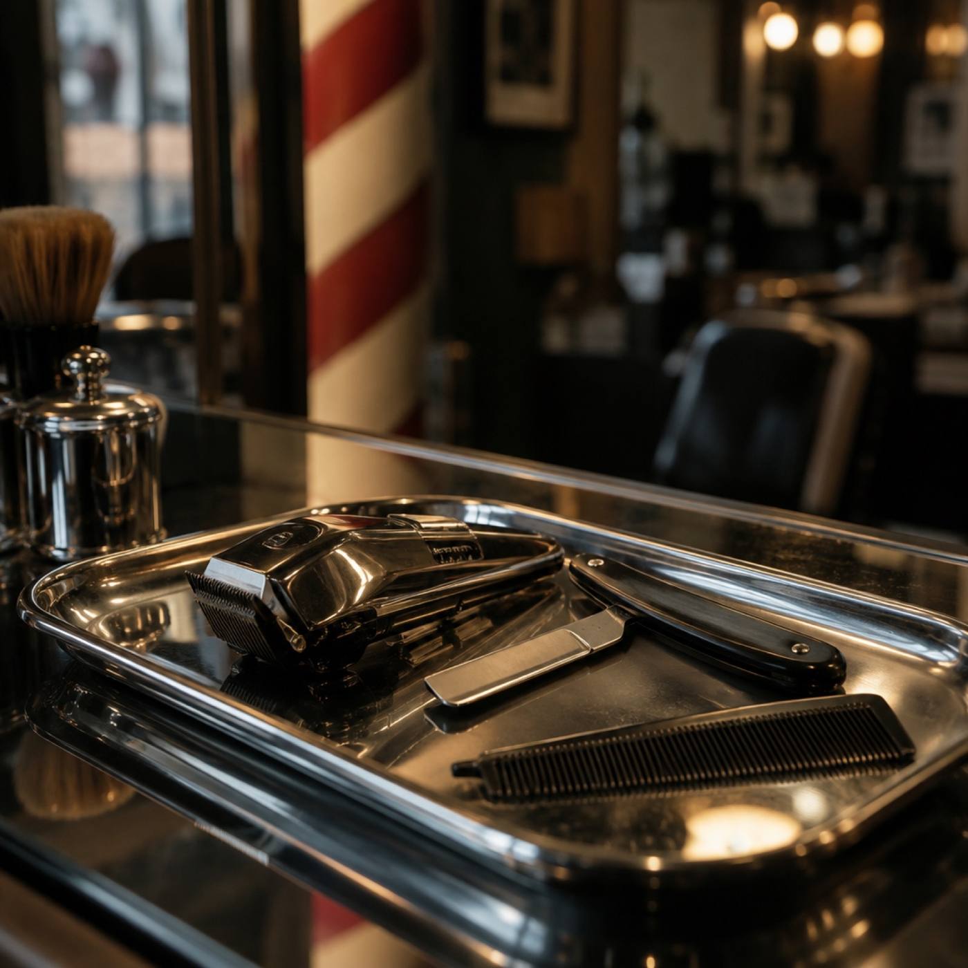Barbering tools laid out on a polished chrome tray