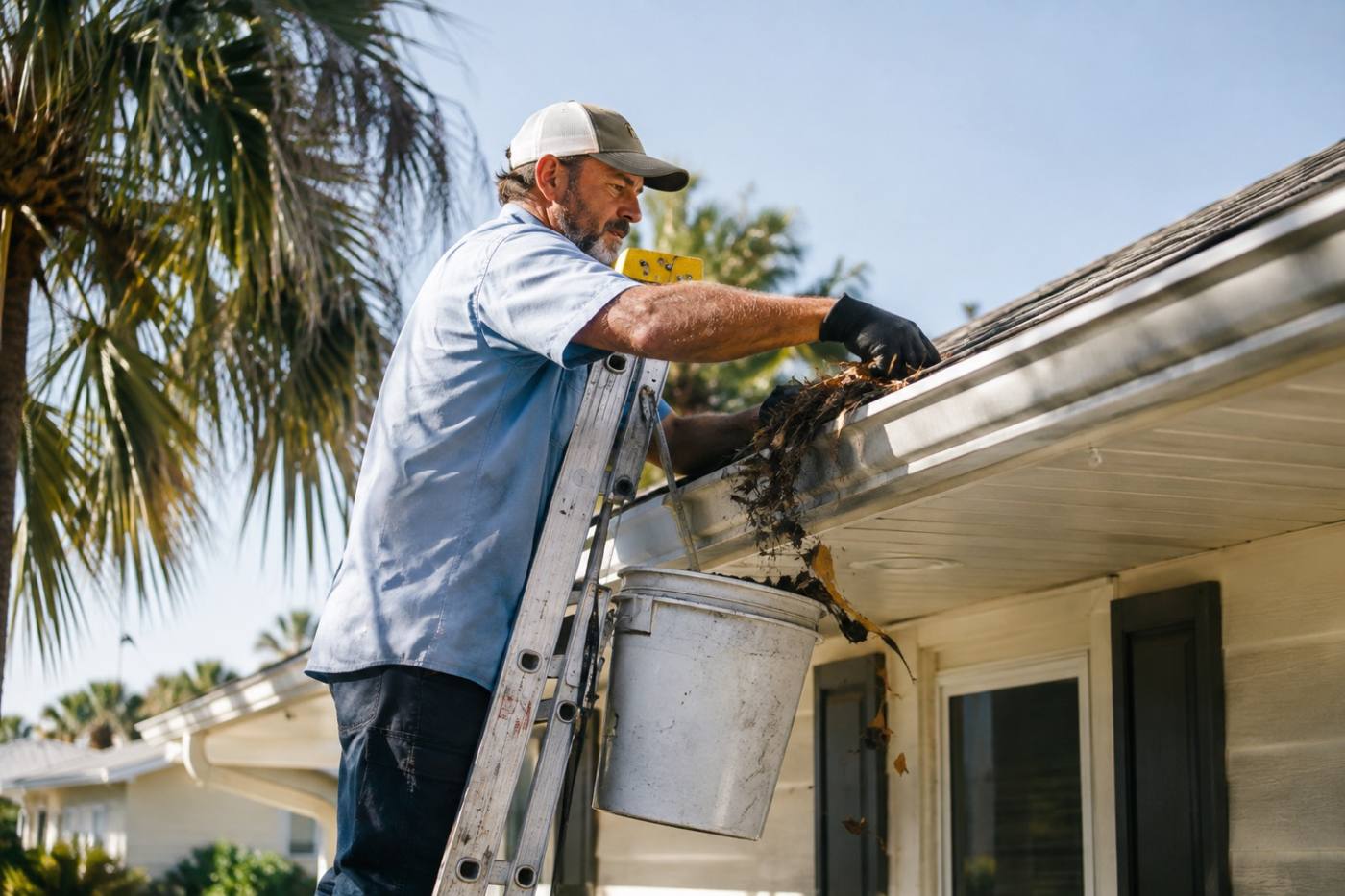 Handyman clearing leaves from a gutter on a Gulf Coast home
