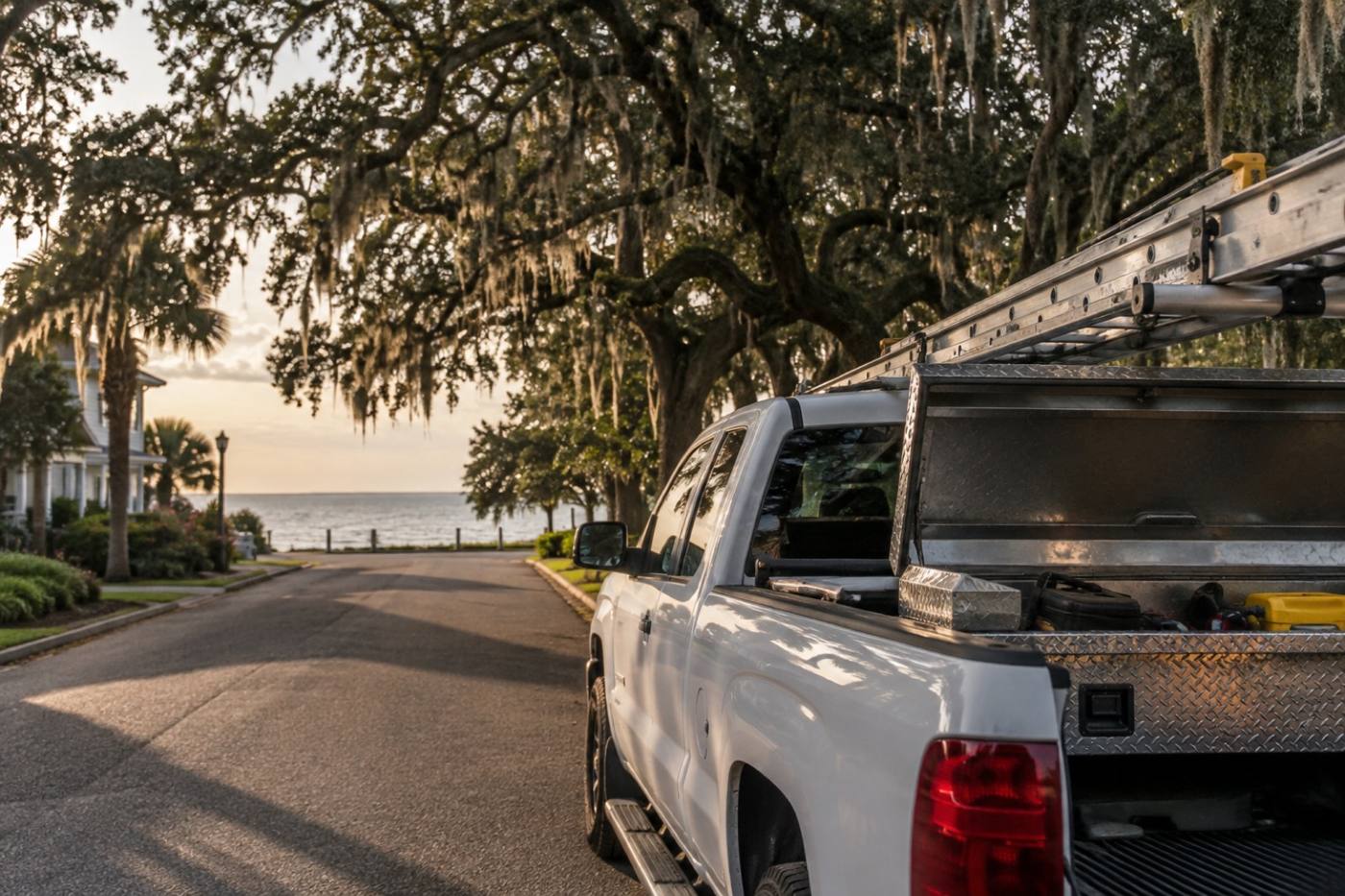 Work truck parked on a residential street near Mobile Bay