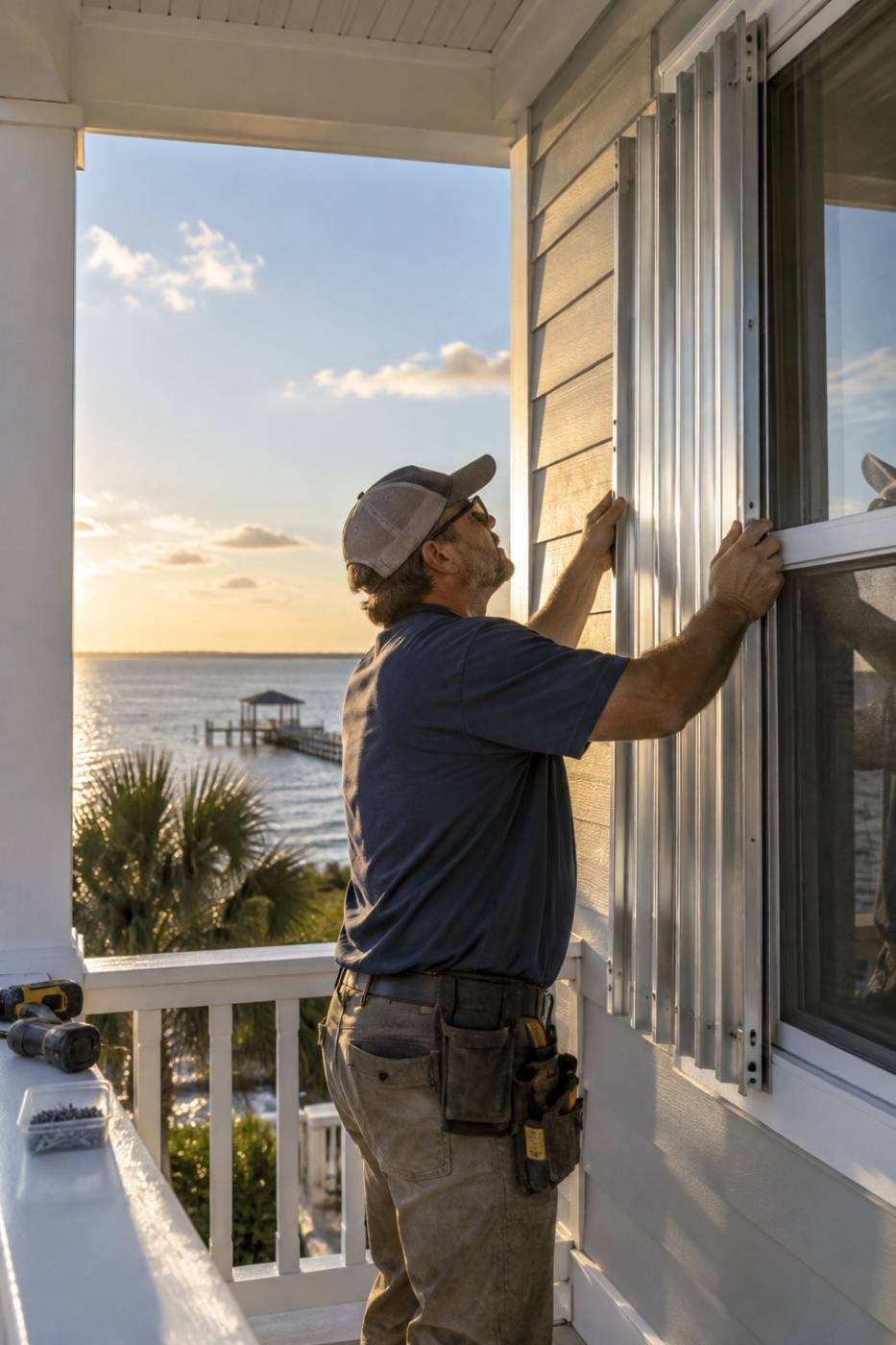 Storm shutter panel being fitted onto a window on the coast