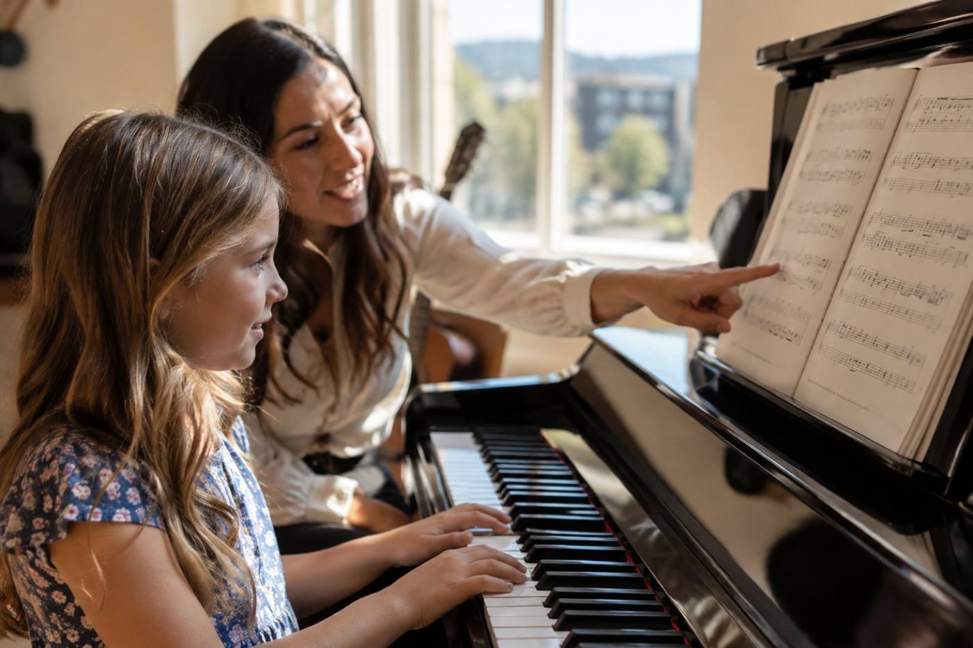A child's hands on piano keys during a lesson