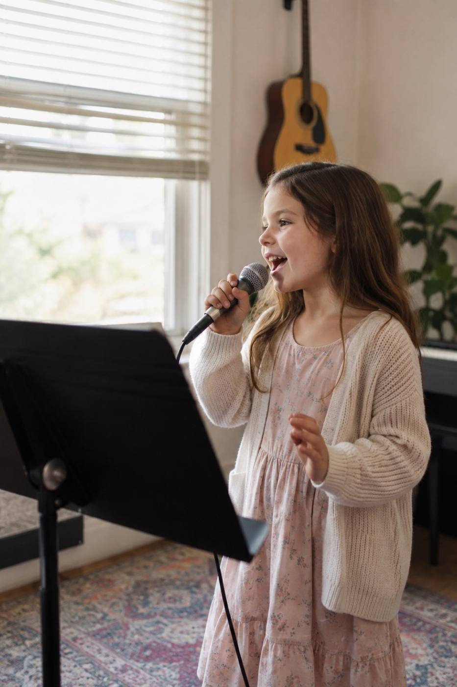 A young child singing into a microphone in a practice room