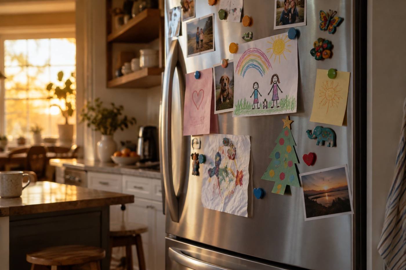 A home fridge door covered in magnets, notes and children's drawings