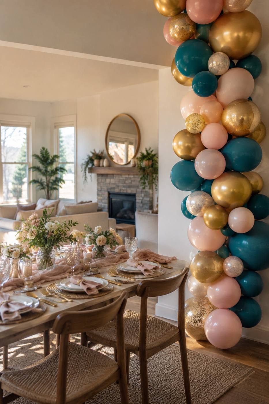 A tall balloon garland in honey gold, blush and teal running up a bright living-room wall beside a party table