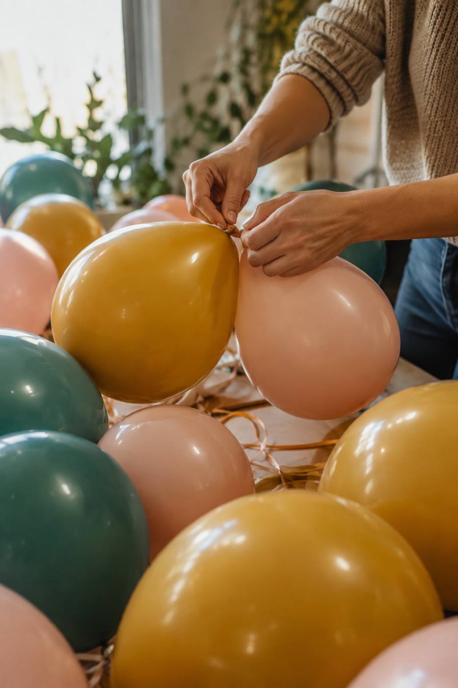 Hands tying two balloons together above a table of inflated balloons in gold, blush and teal