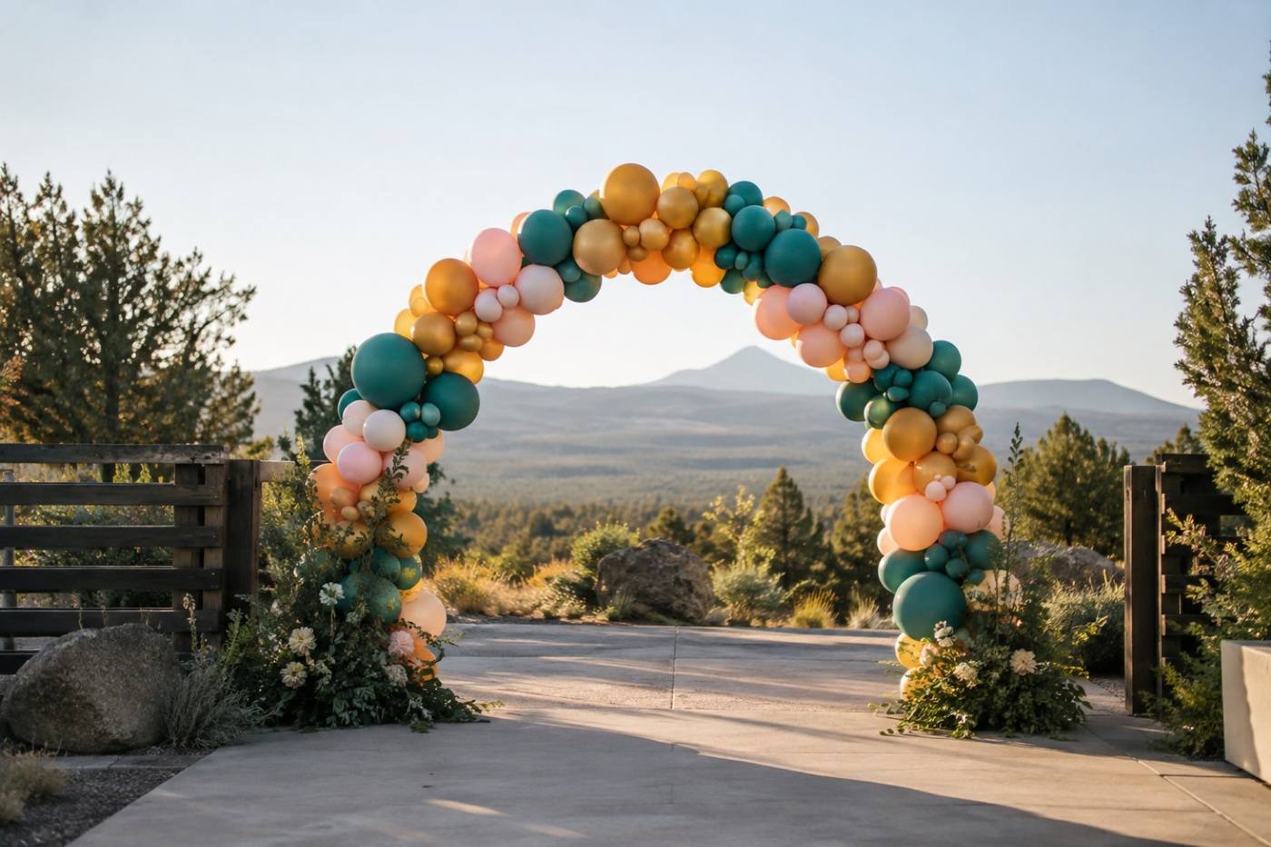 A gold, blush and teal balloon arch standing at the entrance of an outdoor venue with high desert hills behind it