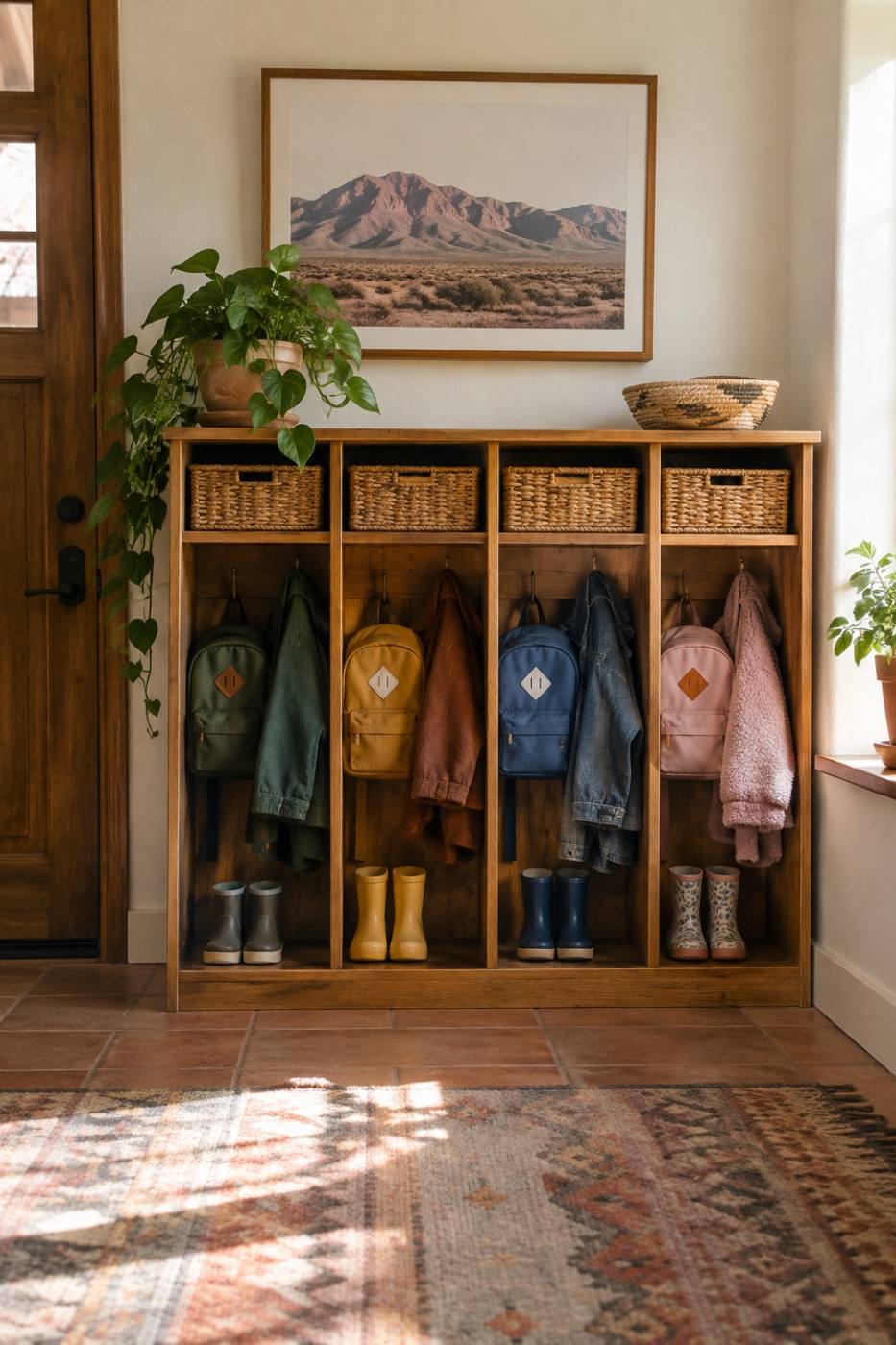 Cubby shelf by the front door holding children's bags and coats