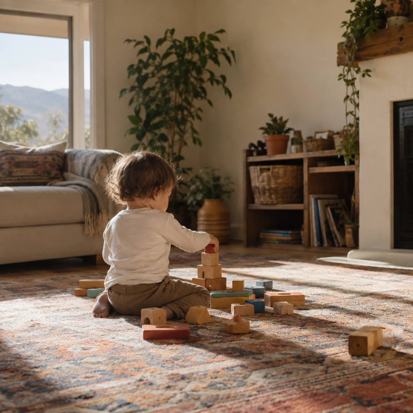 Toddler stacking wooden blocks on a rug in a sunny living room