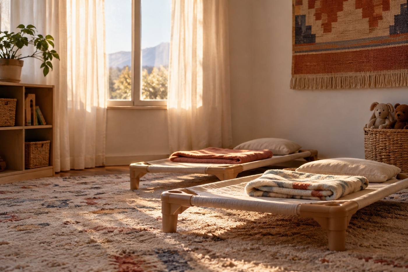 Quiet nap corner with small cots and folded blankets