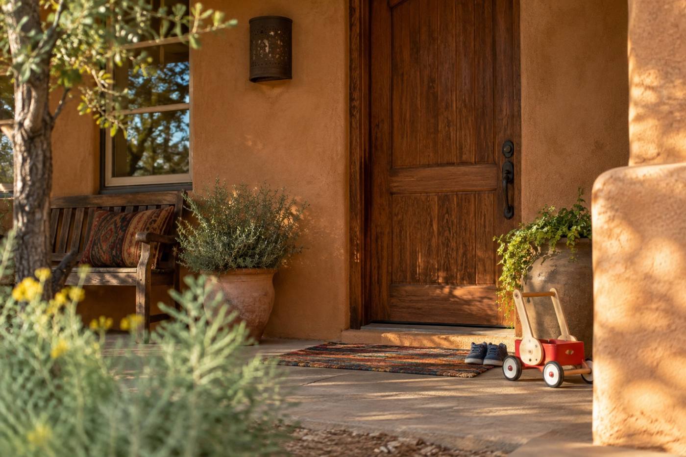 Shaded front porch of a warm stucco home with a small push toy