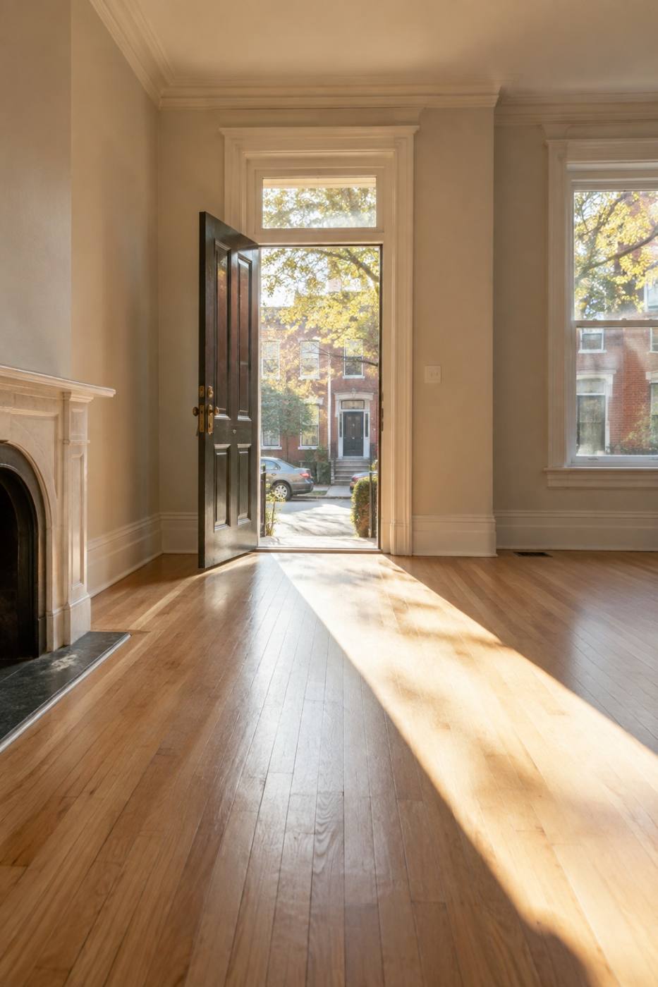 An open front door spilling warm light across an empty room