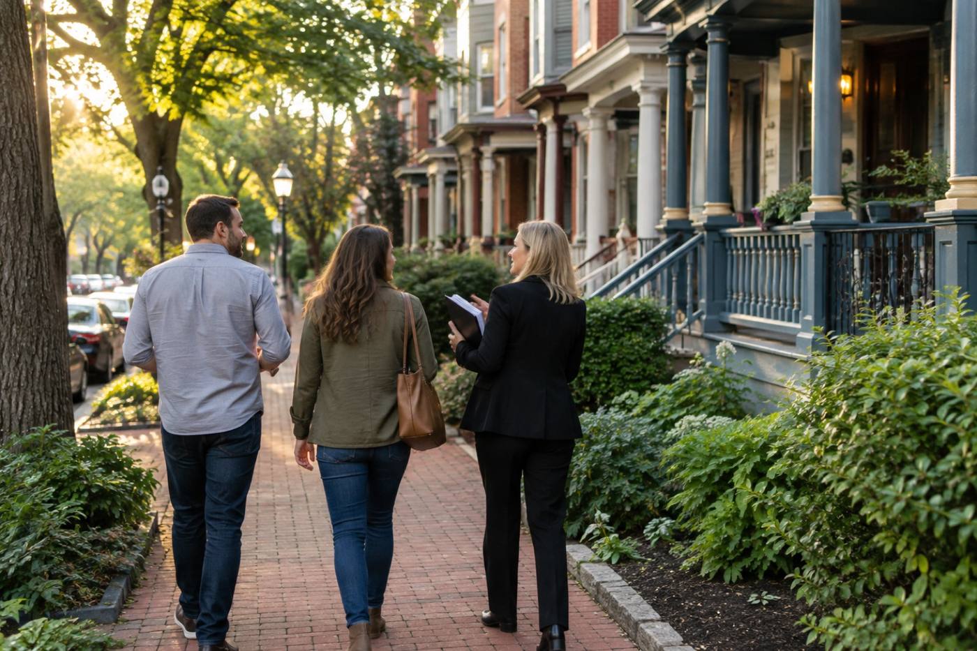 An agent walking with a couple along a brick sidewalk past rowhouses