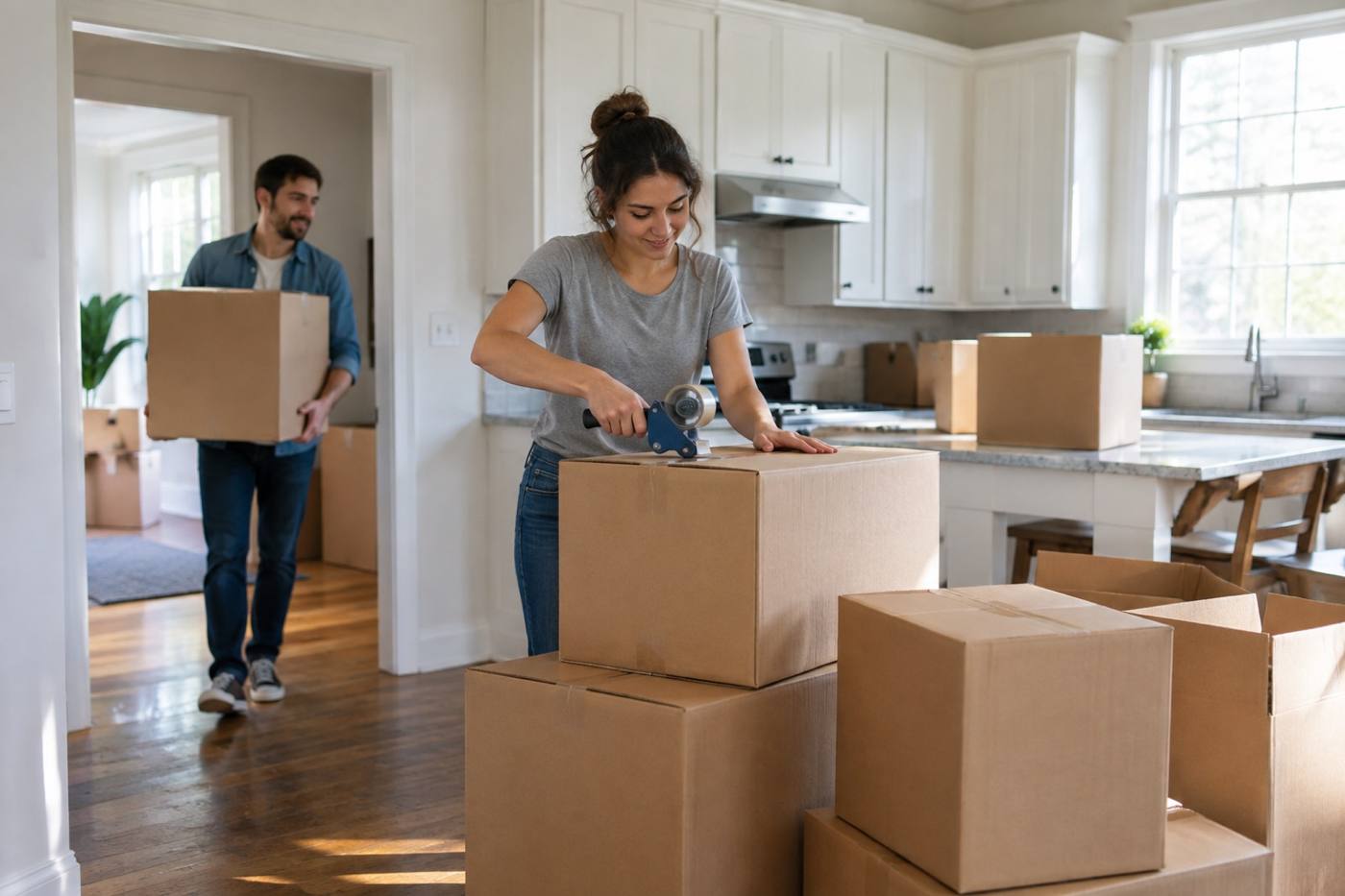 Moving boxes stacked in a sunlit, empty kitchen