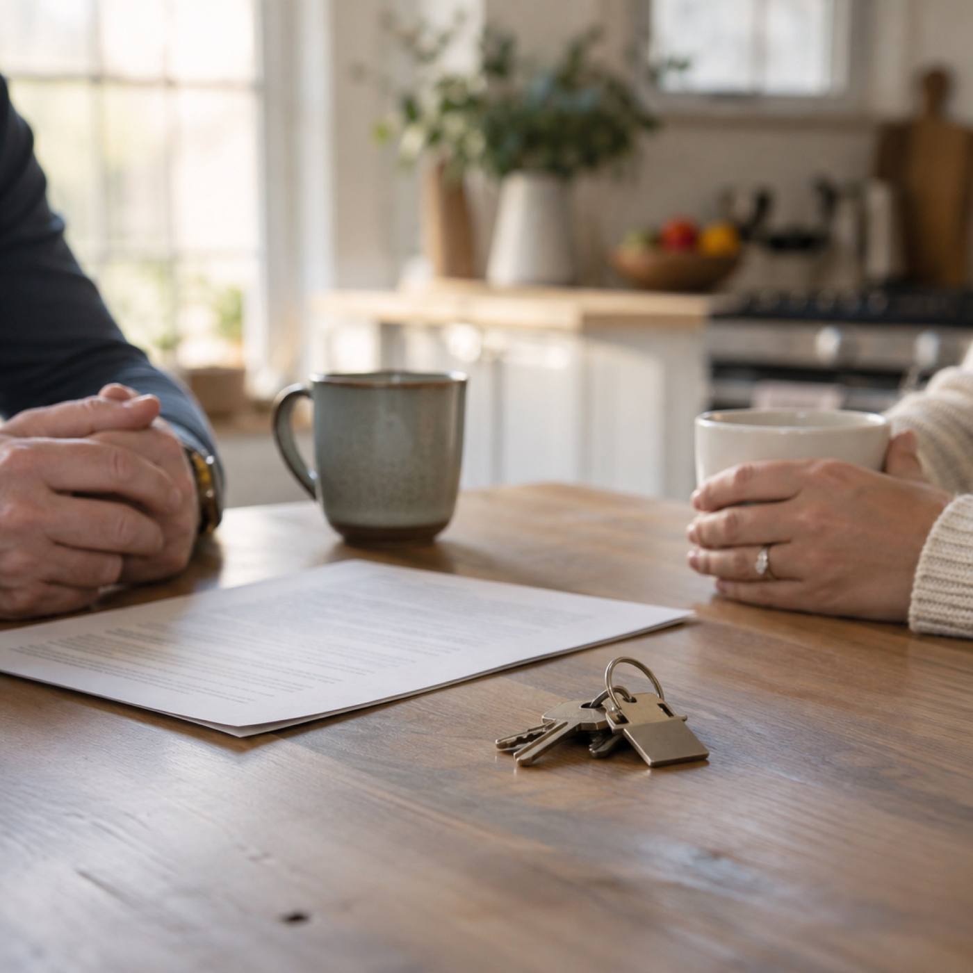 House keys and paperwork on a kitchen table with two pairs of hands