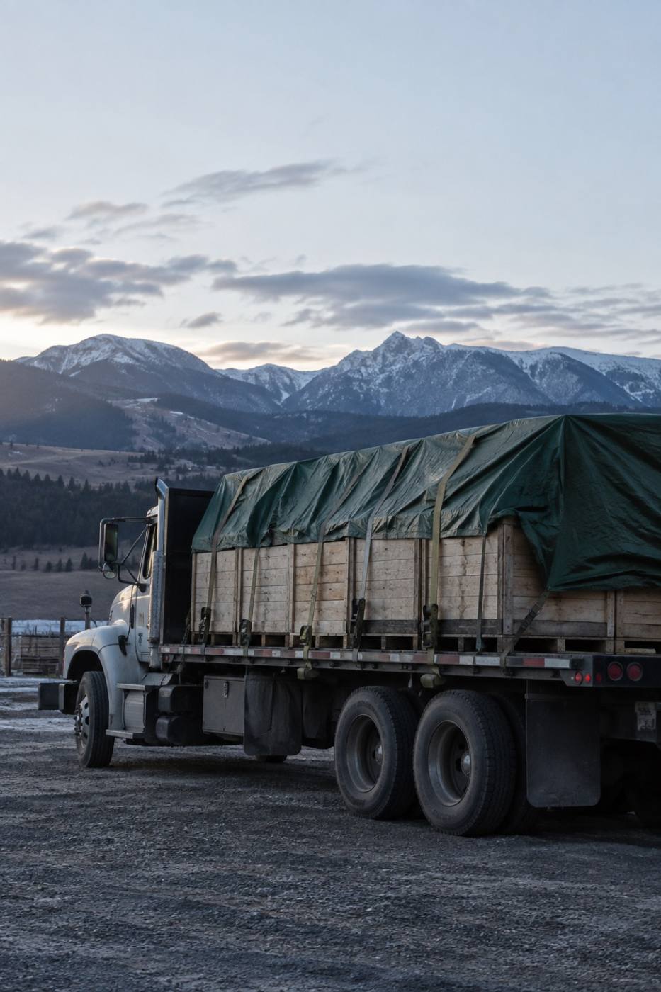Flatbed truck loaded with crates under a forest green tarp