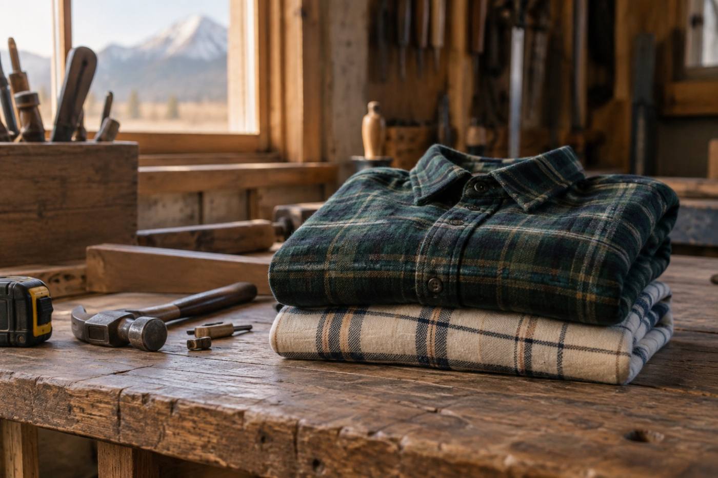 Folded stack of forest green and cream flannel shirts on a workbench