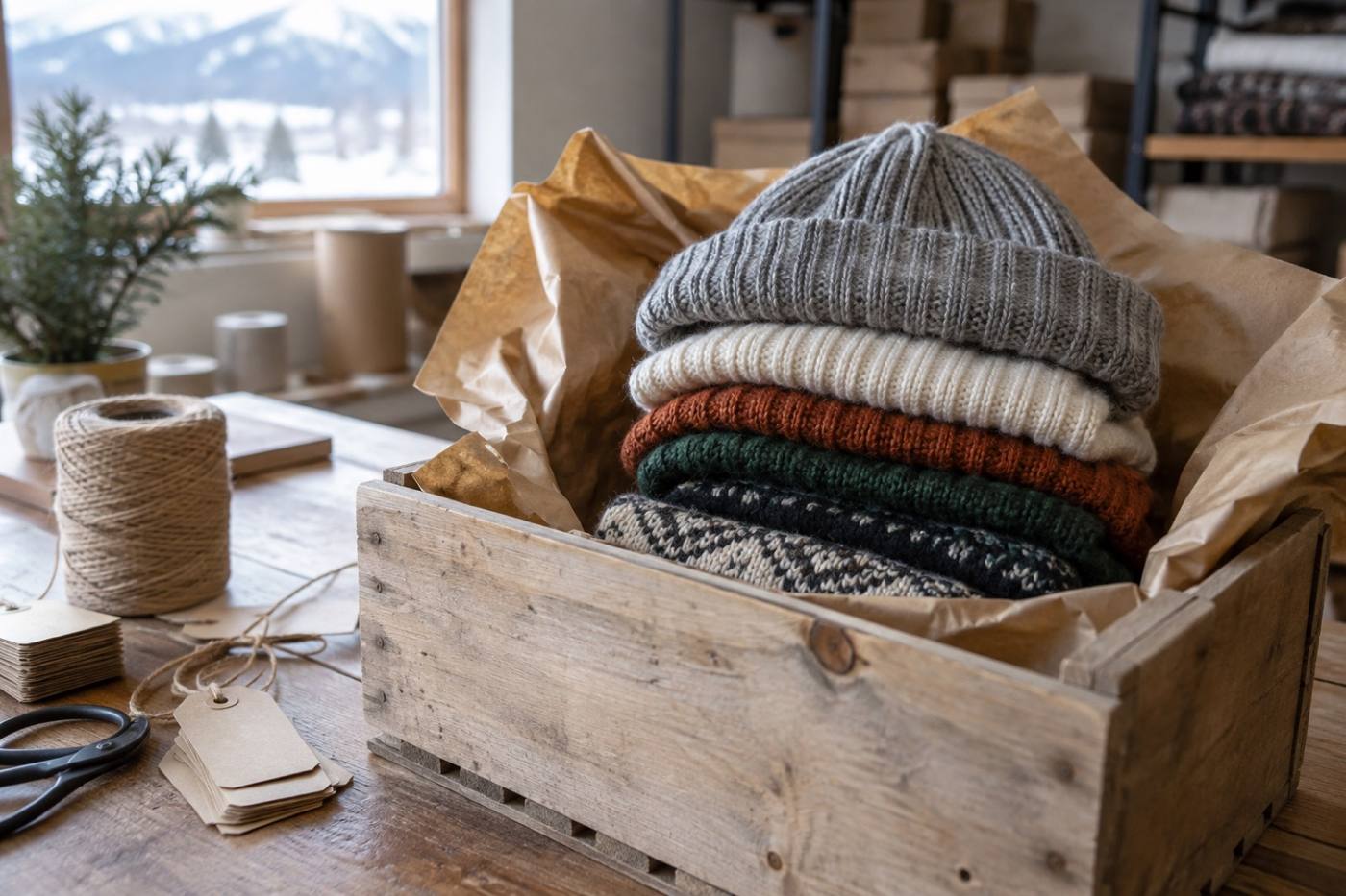 Hats stacked in a wooden crate lined with packing paper