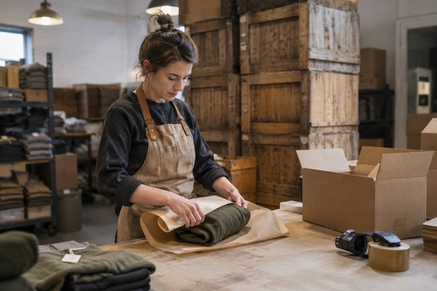 Worker at a packing bench folding apparel and sealing a box