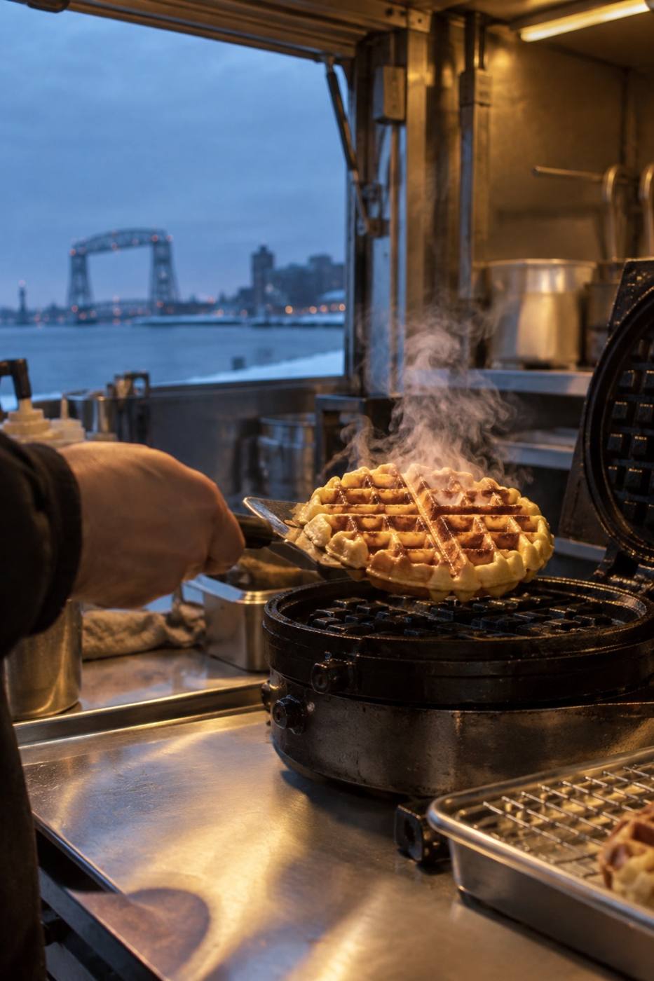 A Belgian waffle fresh off the iron inside the food truck, steam rising in early morning light