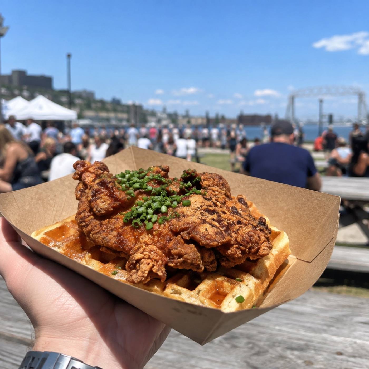 Chicken and waffles served on a paper plate at an outdoor event