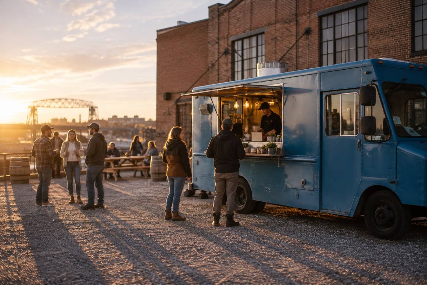 The waffle wagon parked outside a brewery in late afternoon light