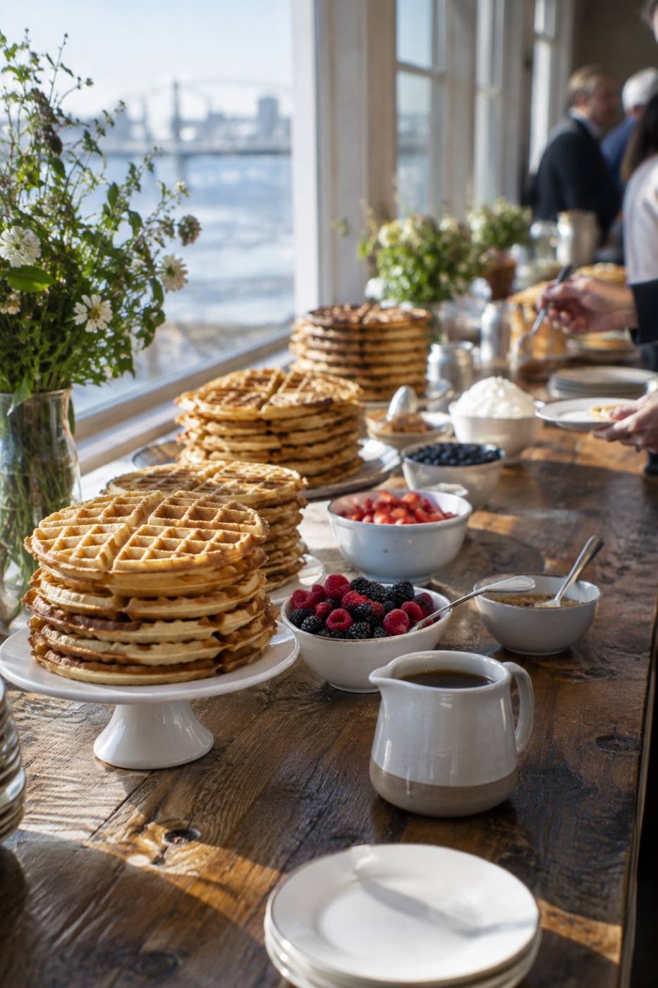 A waffle bar set up on a table at an event, with toppings in small dishes