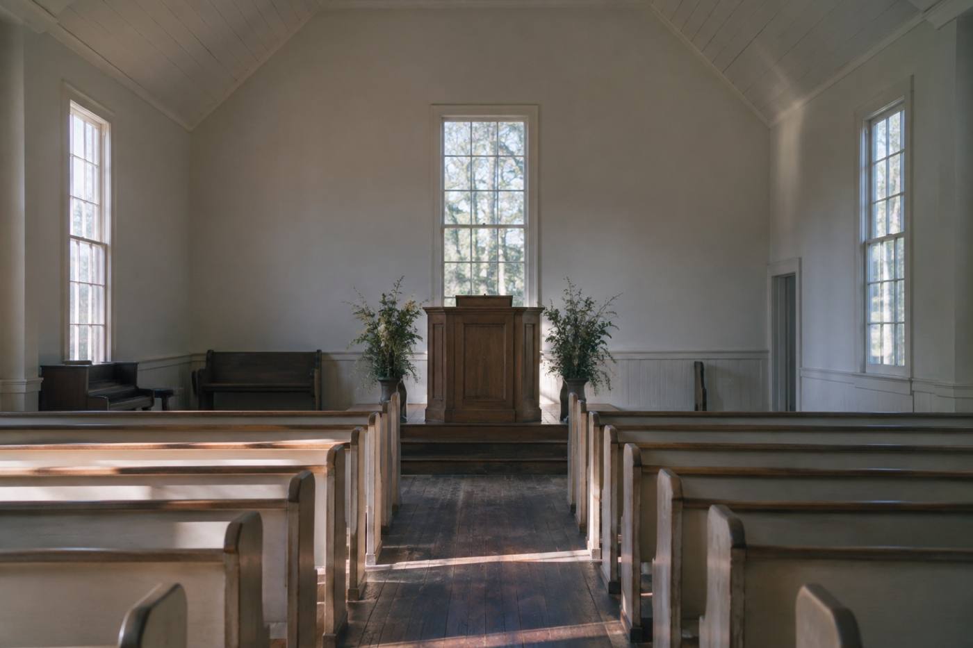 Morning light falling across the empty pews of a small chapel sanctuary