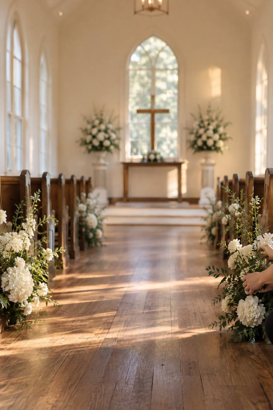 A chapel aisle decorated with simple white flowers before a wedding ceremony