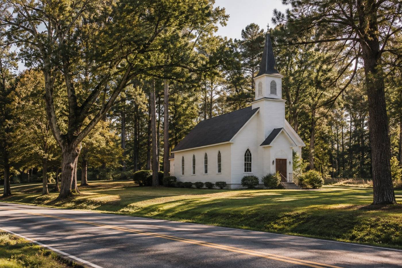 A small white chapel standing among trees beside a country road