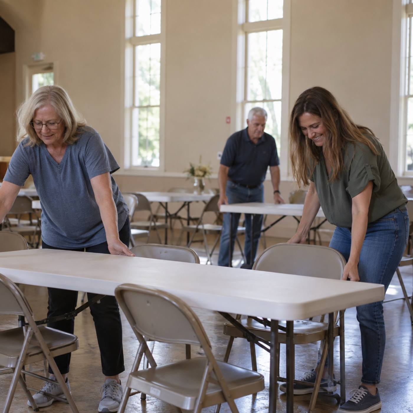 Volunteers setting tables in a church fellowship hall before a gathering