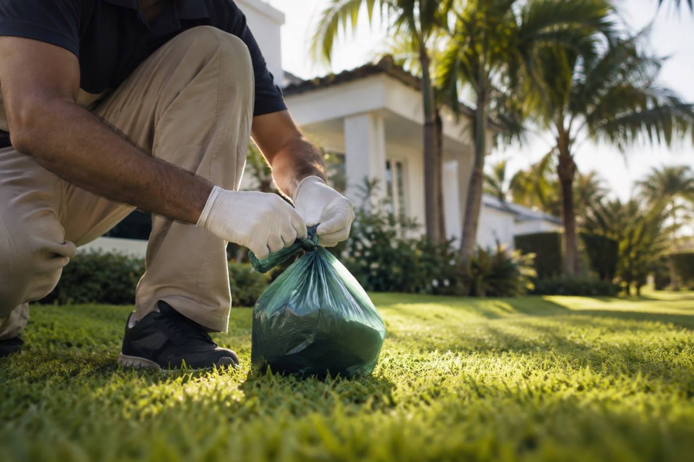 Gloved hand tying off a bag of scooped waste on a mowed Miami lawn