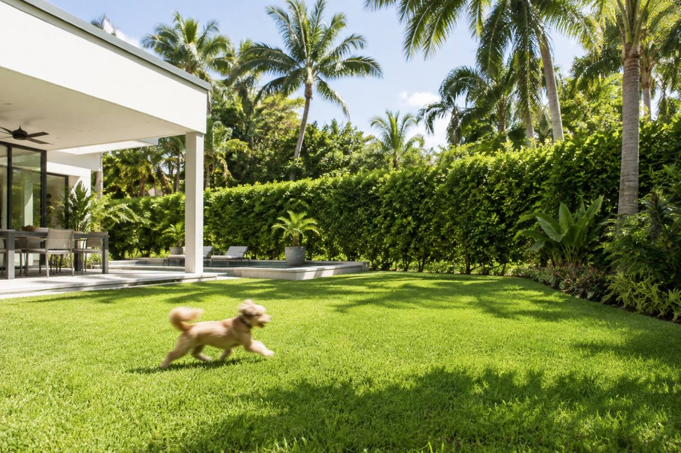 A clean green Miami backyard with a small dog running across the grass