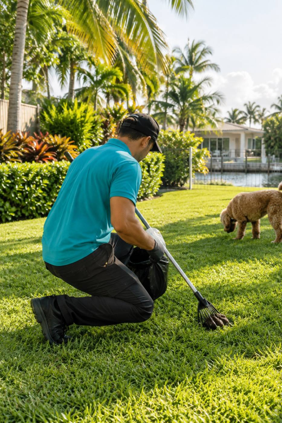 A worker crouching on a sunny lawn with a long-handled scoop beside a palm tree