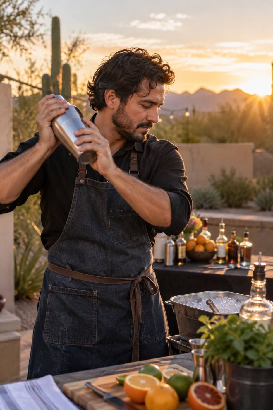 Bartender shaking a cocktail at a folding bar table in a Tucson backyard