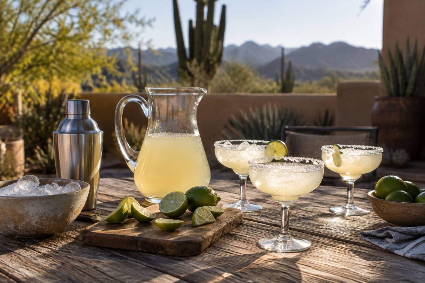 Margarita setup on a weathered table with salt-rimmed glasses and cut limes