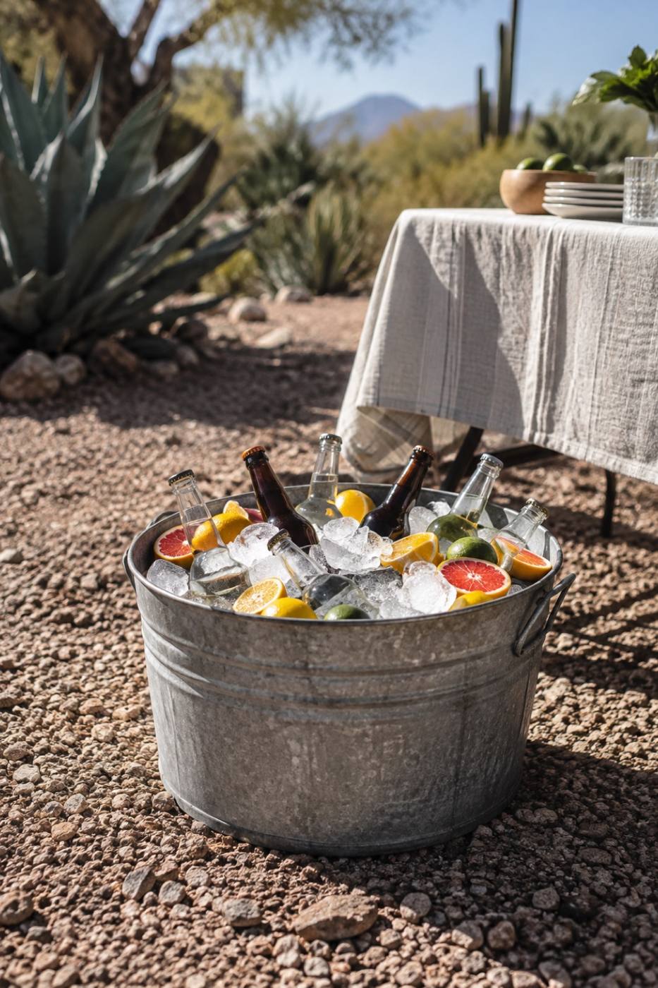 Galvanized tub packed with ice, bottles and halved citrus in a desert yard