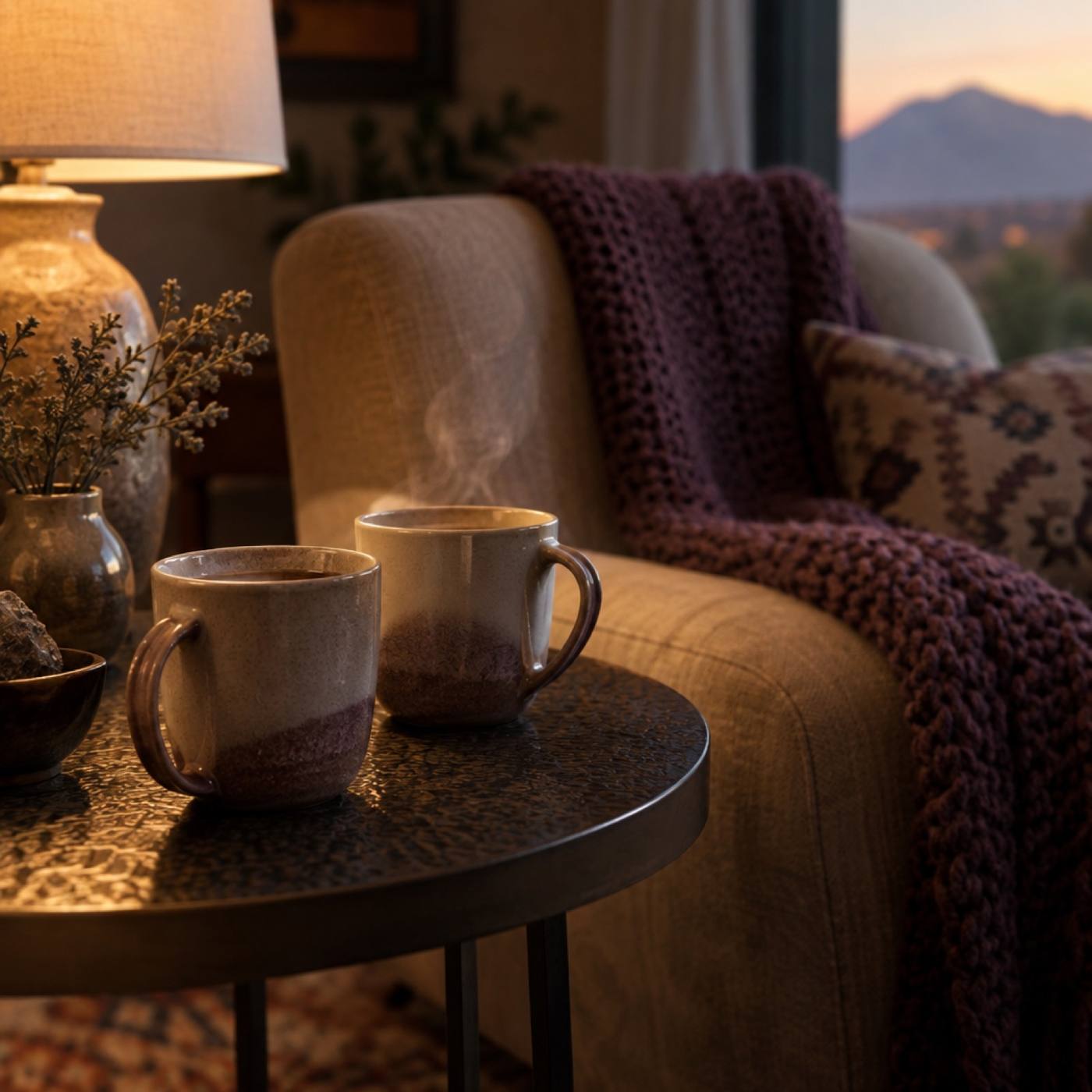 Two mugs of tea on a side table in lamplit room