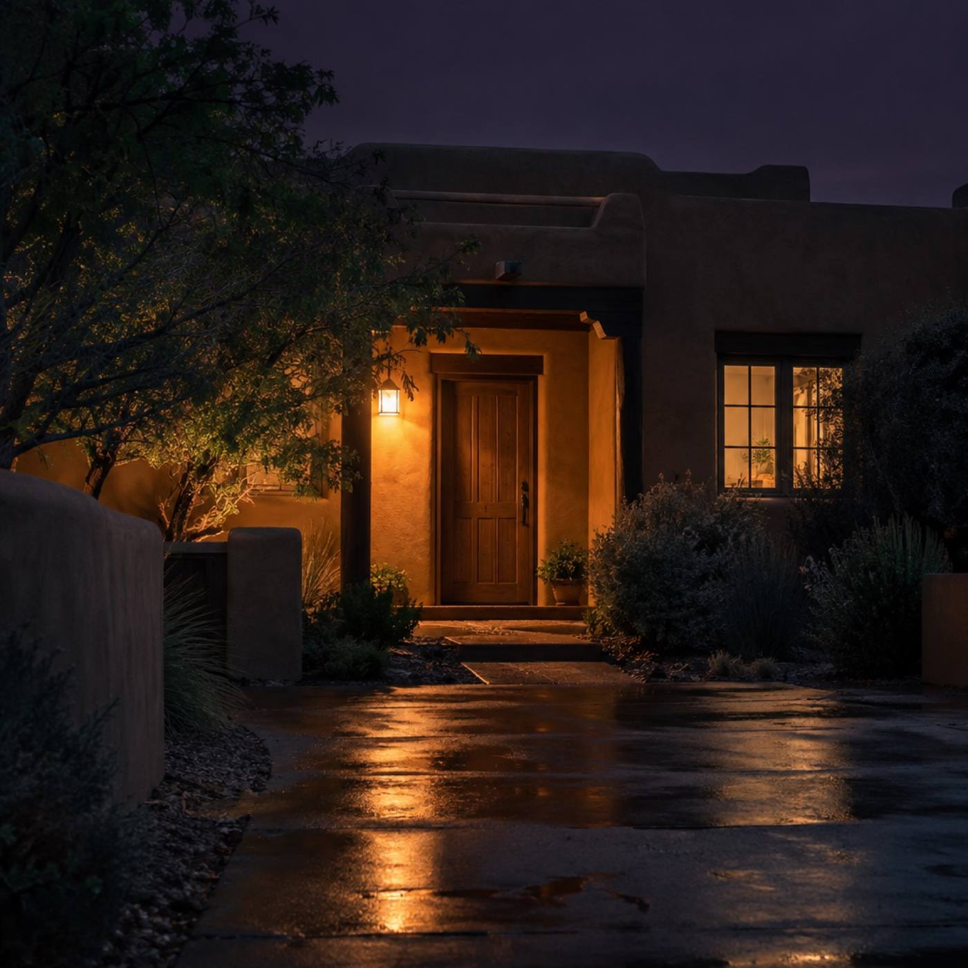 A lit front porch at night seen from the lane