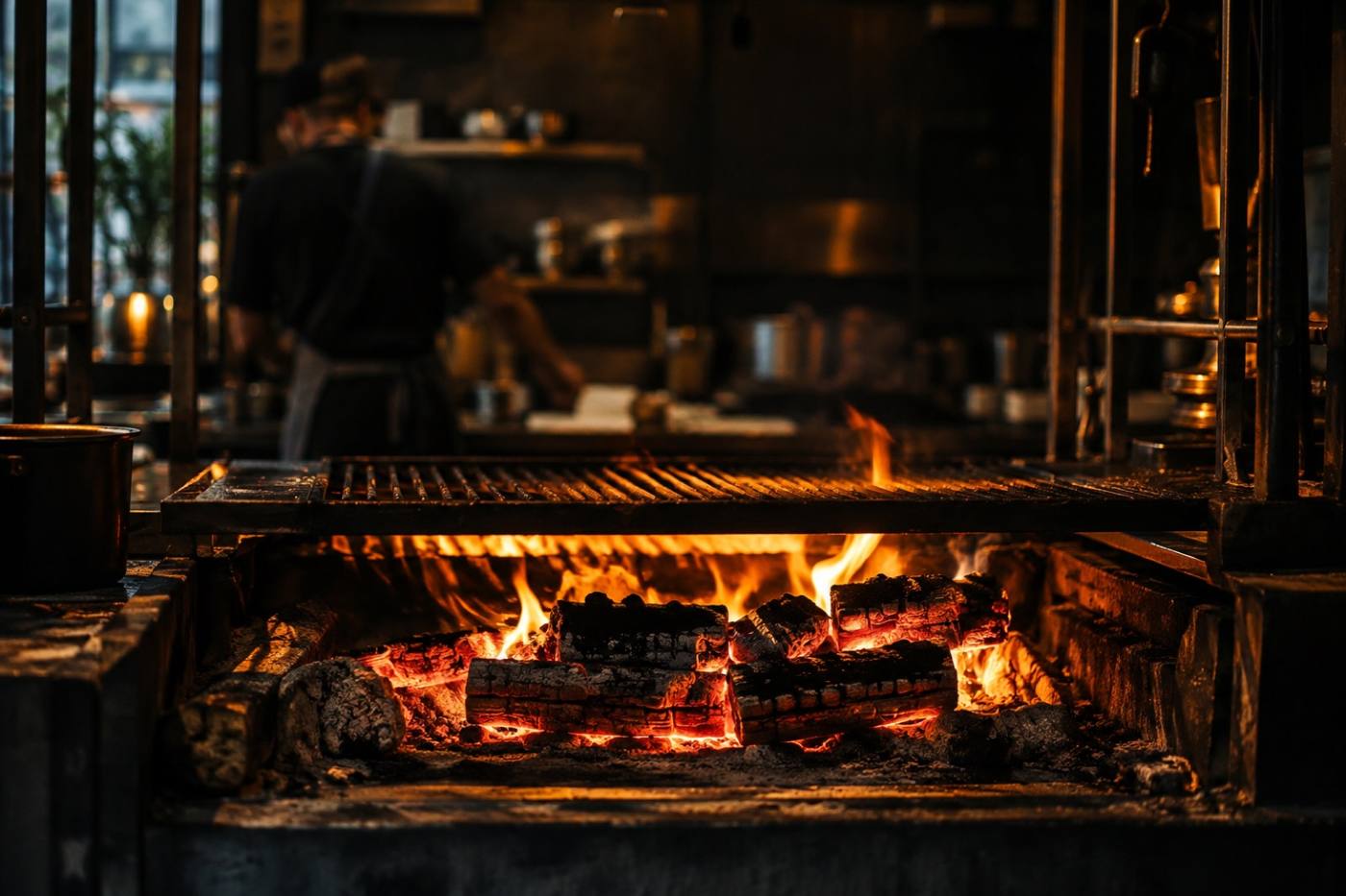 Wood fire burning in an open hearth in a dark restaurant kitchen