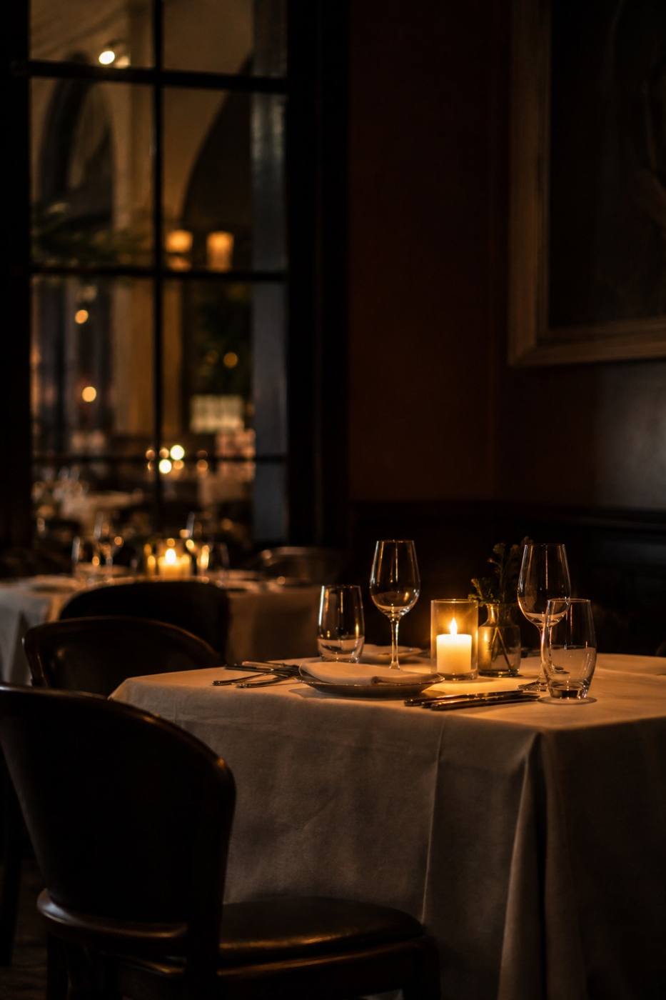 A dinner table set in a warm, low-lit dining room