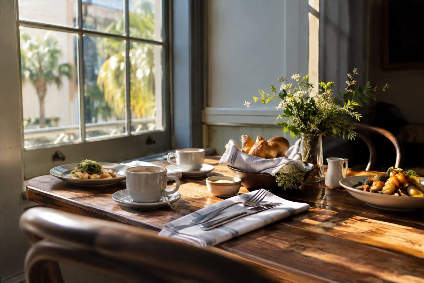 A brunch table in late morning daylight beside a window