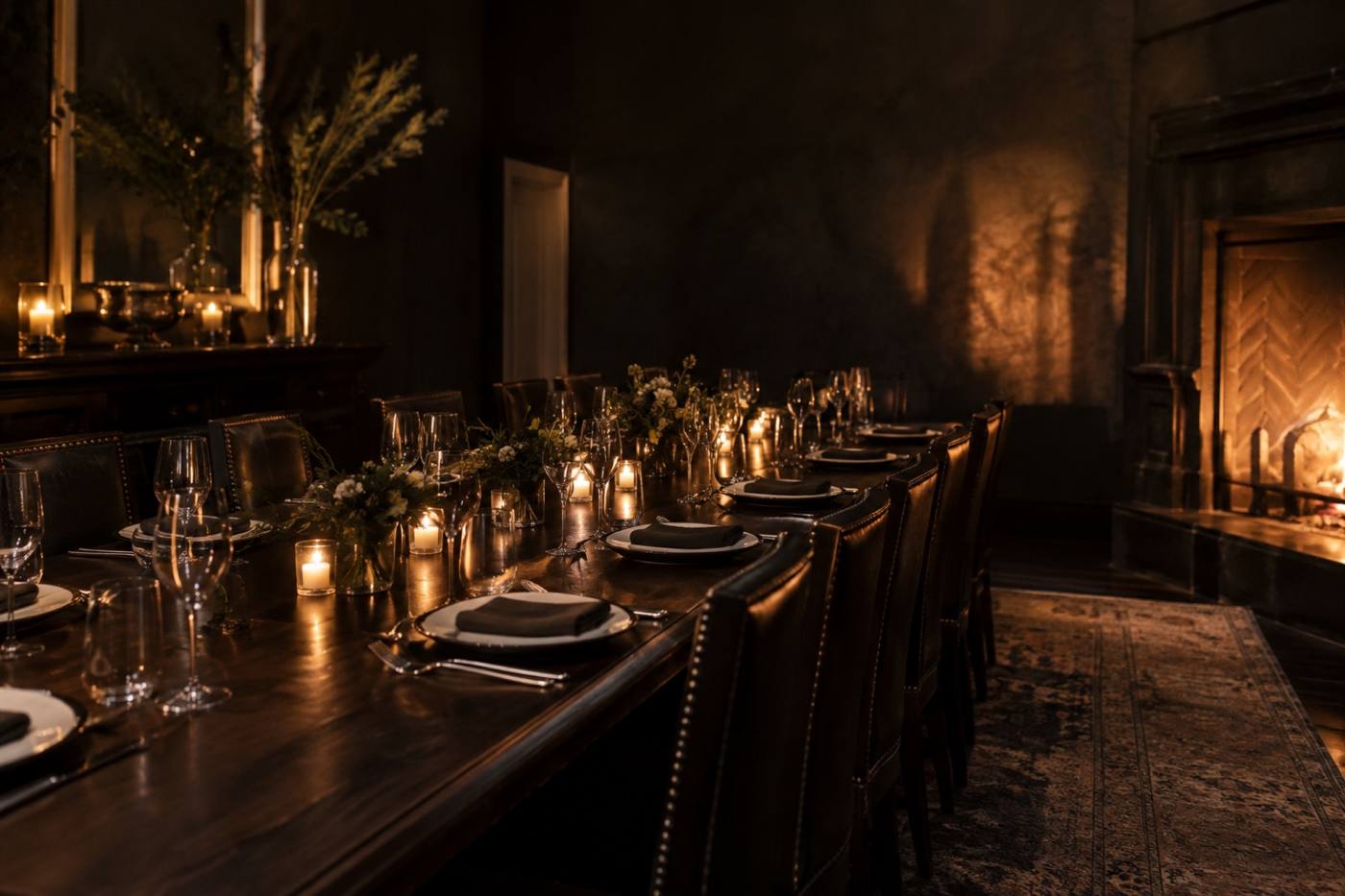 A private dining room set for a group with firelight on the walls