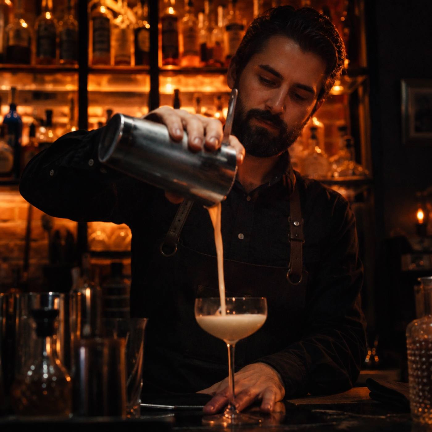 A bartender pouring a cocktail in a dim bar